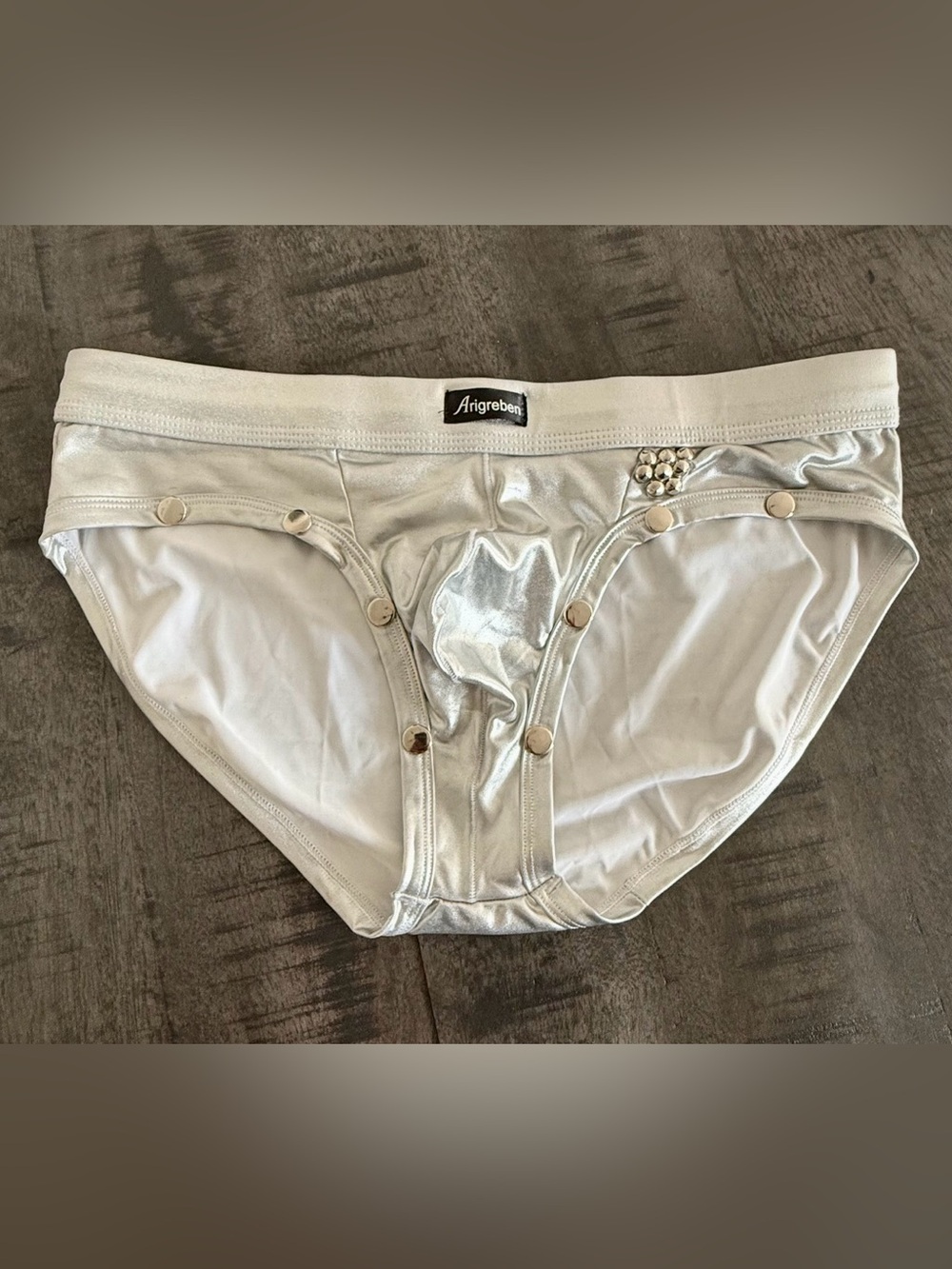 SAMPLE/Silver Men’s Swim Brief with Snap Detail